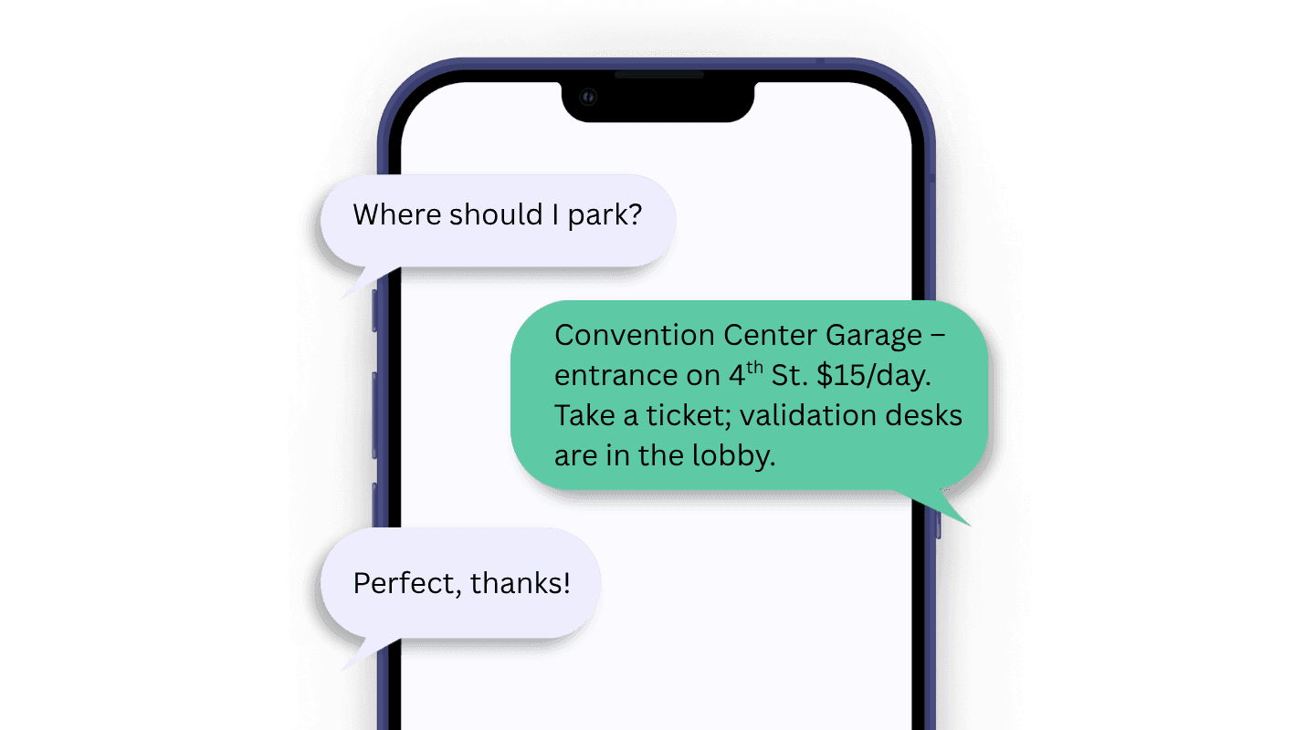 Text conversation: Where do I park?